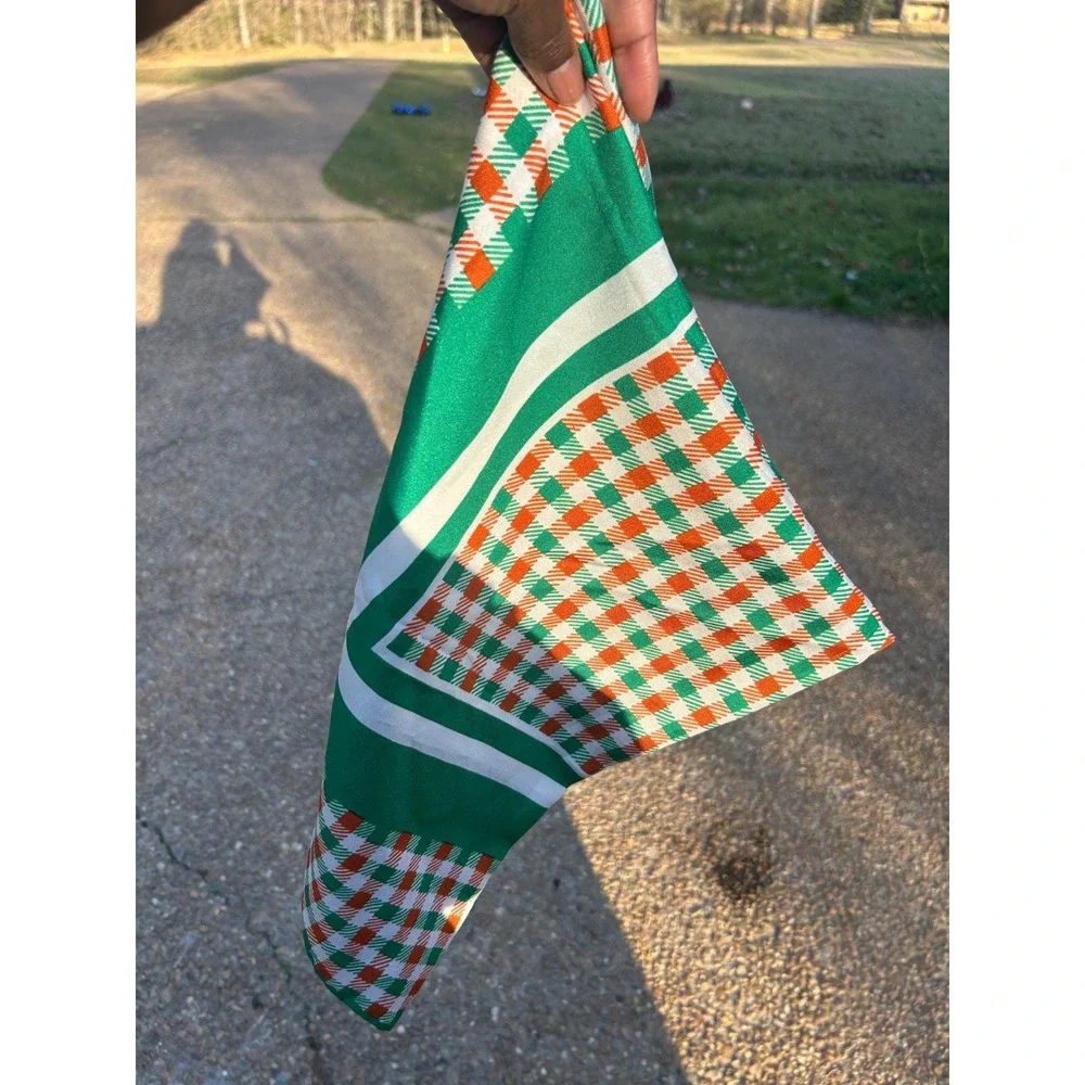 Christian Scarf Womens OS Green Gingham Check Vintage Square Neck Hair Wrap Good